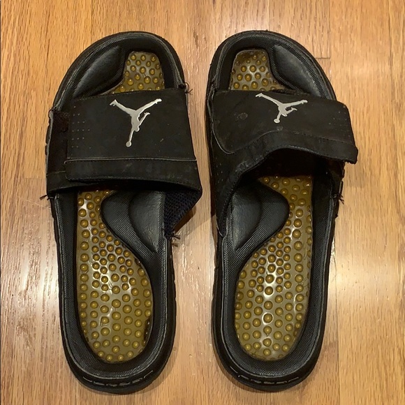 black and yellow jordan slides